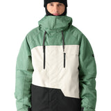 The 686 Geo Insulated Jacket 2025 is depicted in green with a black and white stripe across the chest.