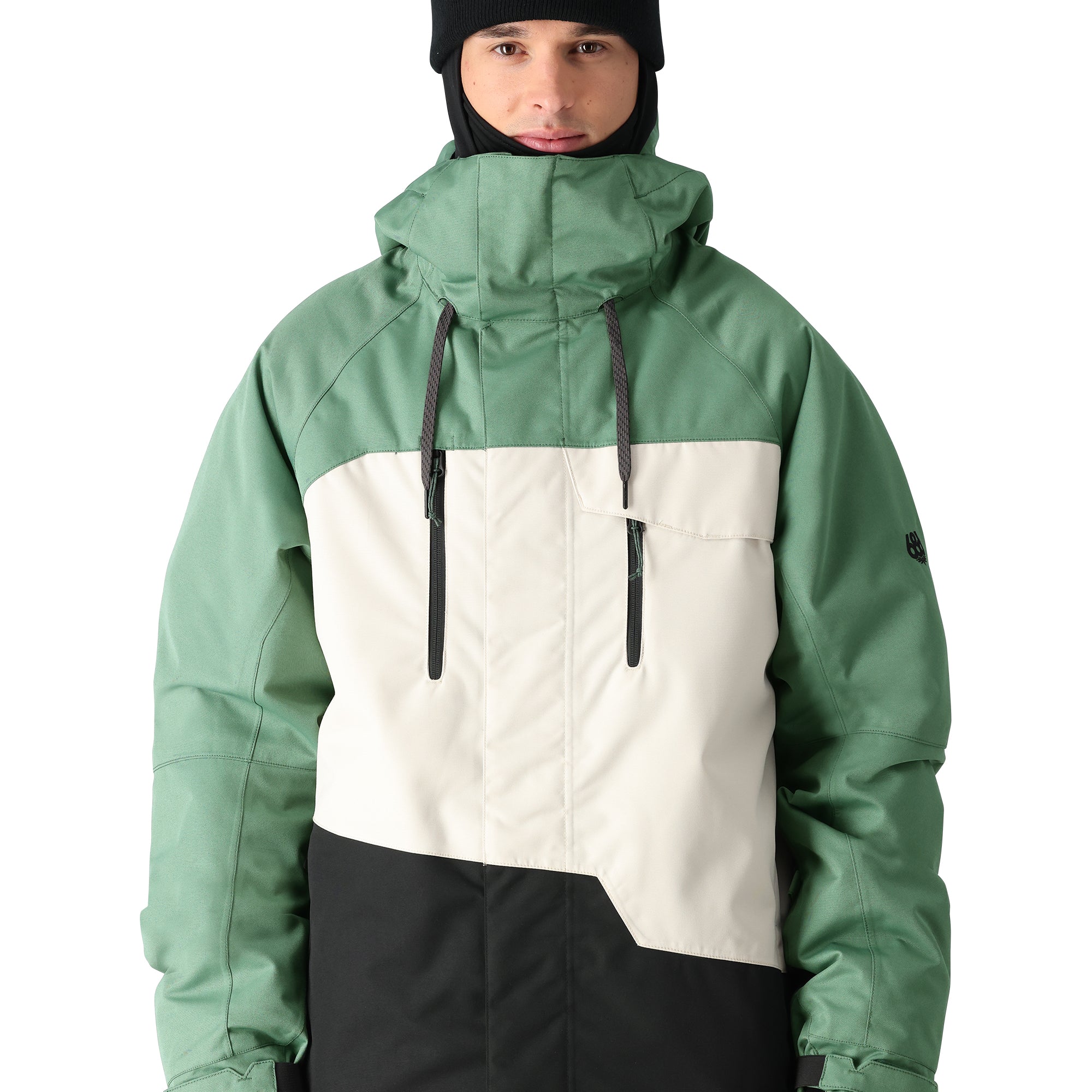 The 686 Geo Insulated Jacket 2025 is depicted in green with a black and white stripe across the chest.