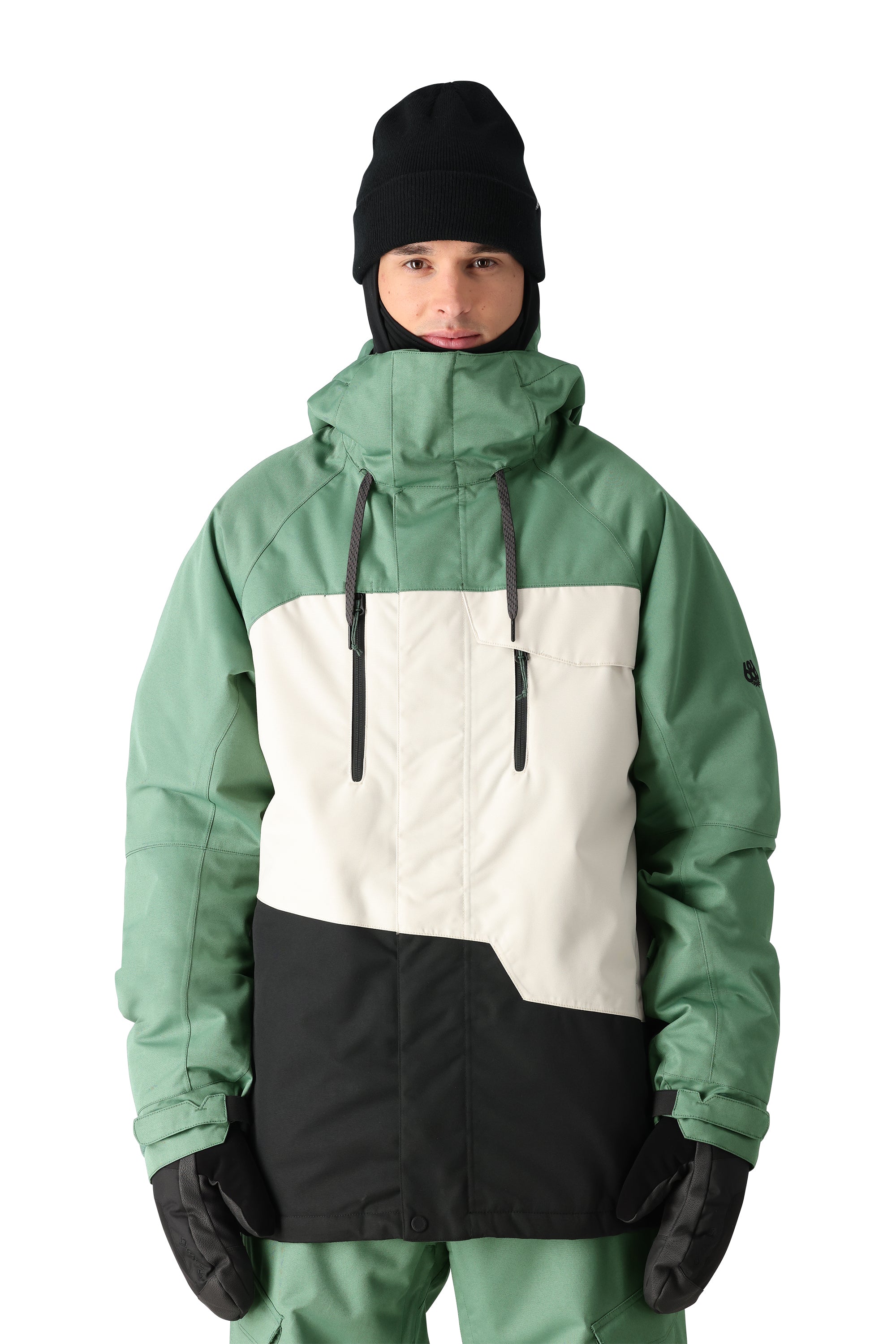 The 686 Geo Insulated Jacket 2025 is depicted in green with a black and white stripe across the chest.