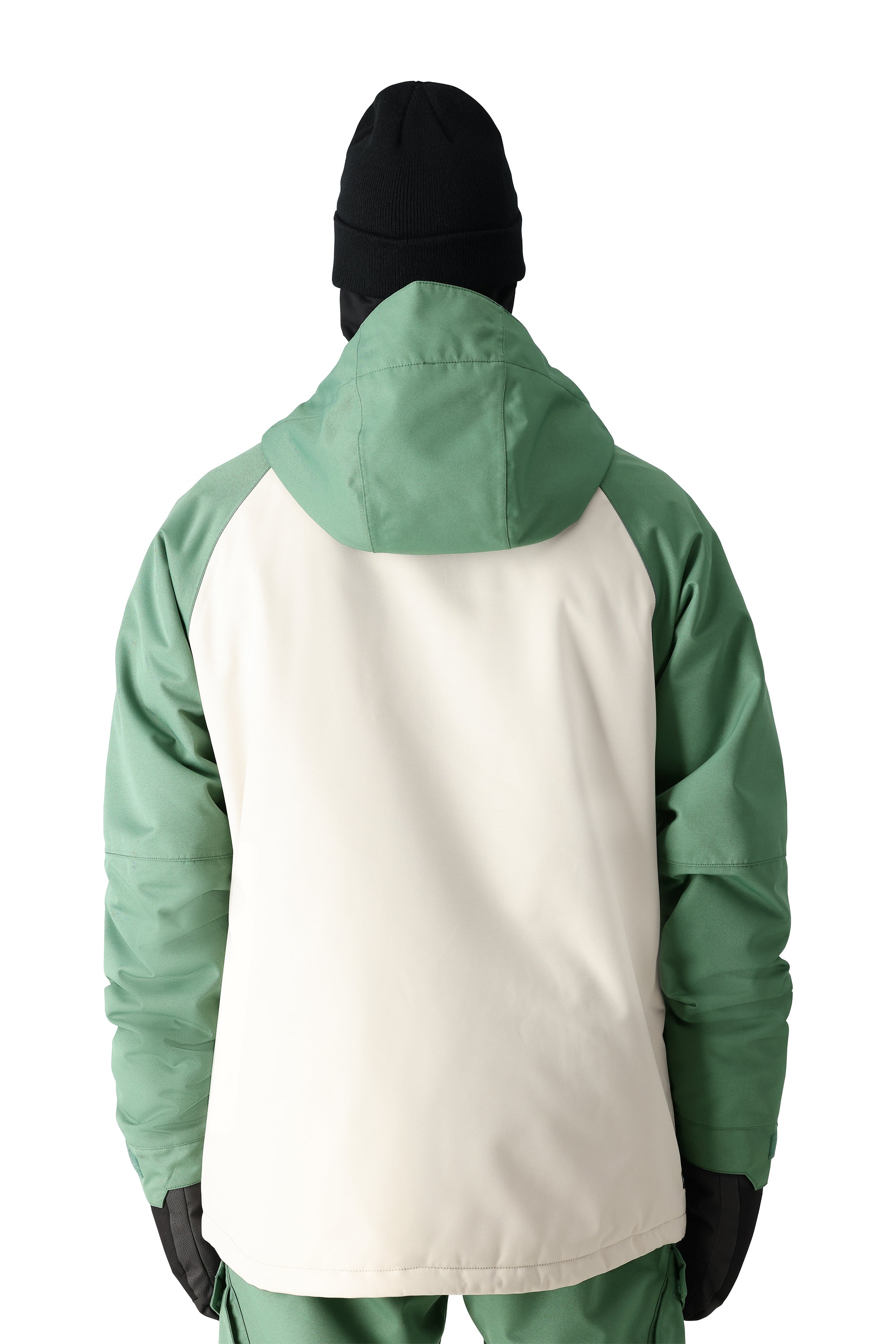 The 686 brand's Geo Insulated Jacket 2025, visible from the back, has a cream-colored panel on both sides and green sleeves.