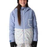 The 686 Girl's Athena Insulated Jacket 2025 is primarily light blue with a white graphic on the front and has an insulated hood.