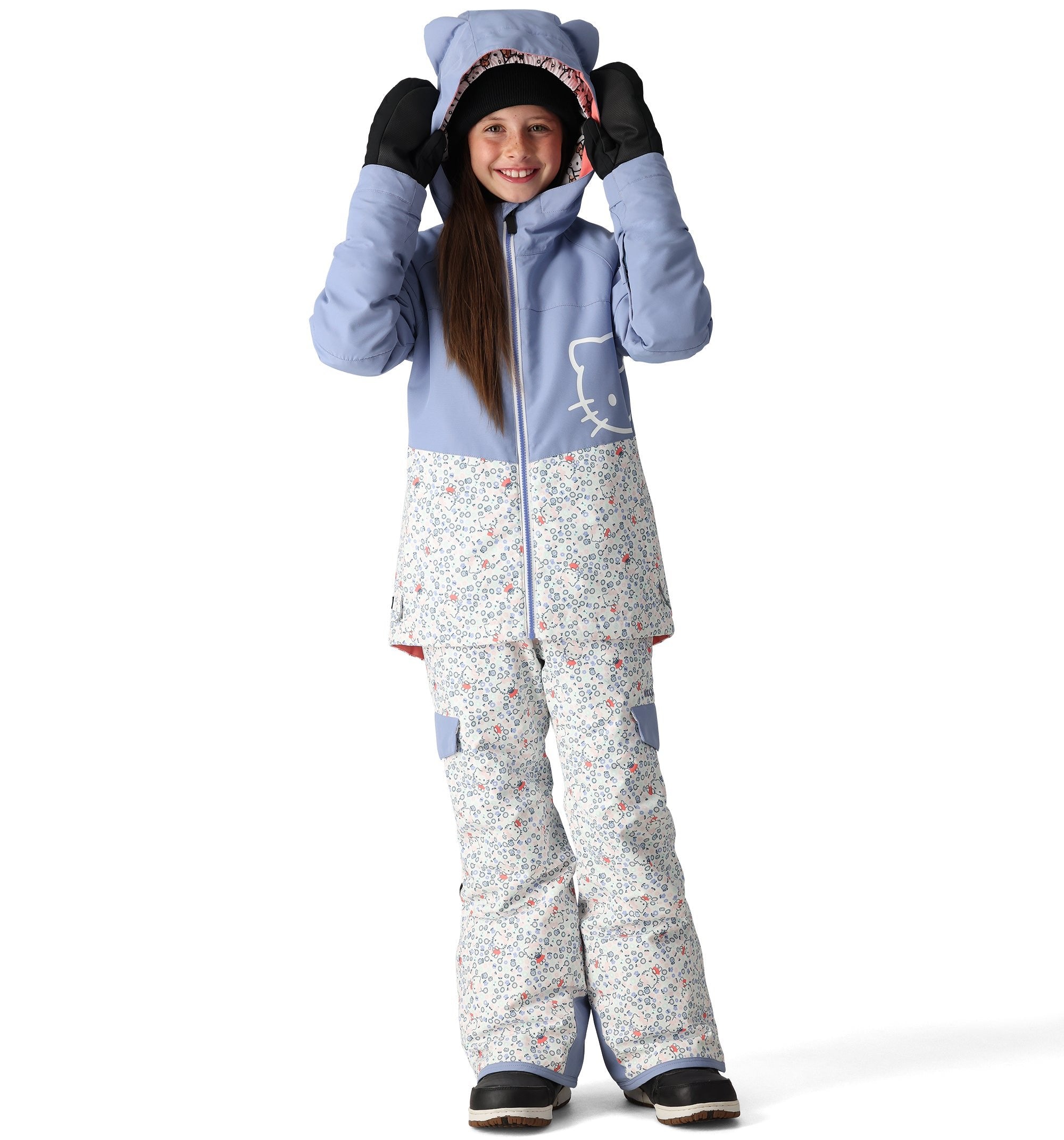 The 686 Girl's Athena Insulated Jacket 2025 is light blue with a white floral pattern and has an insulated hood.