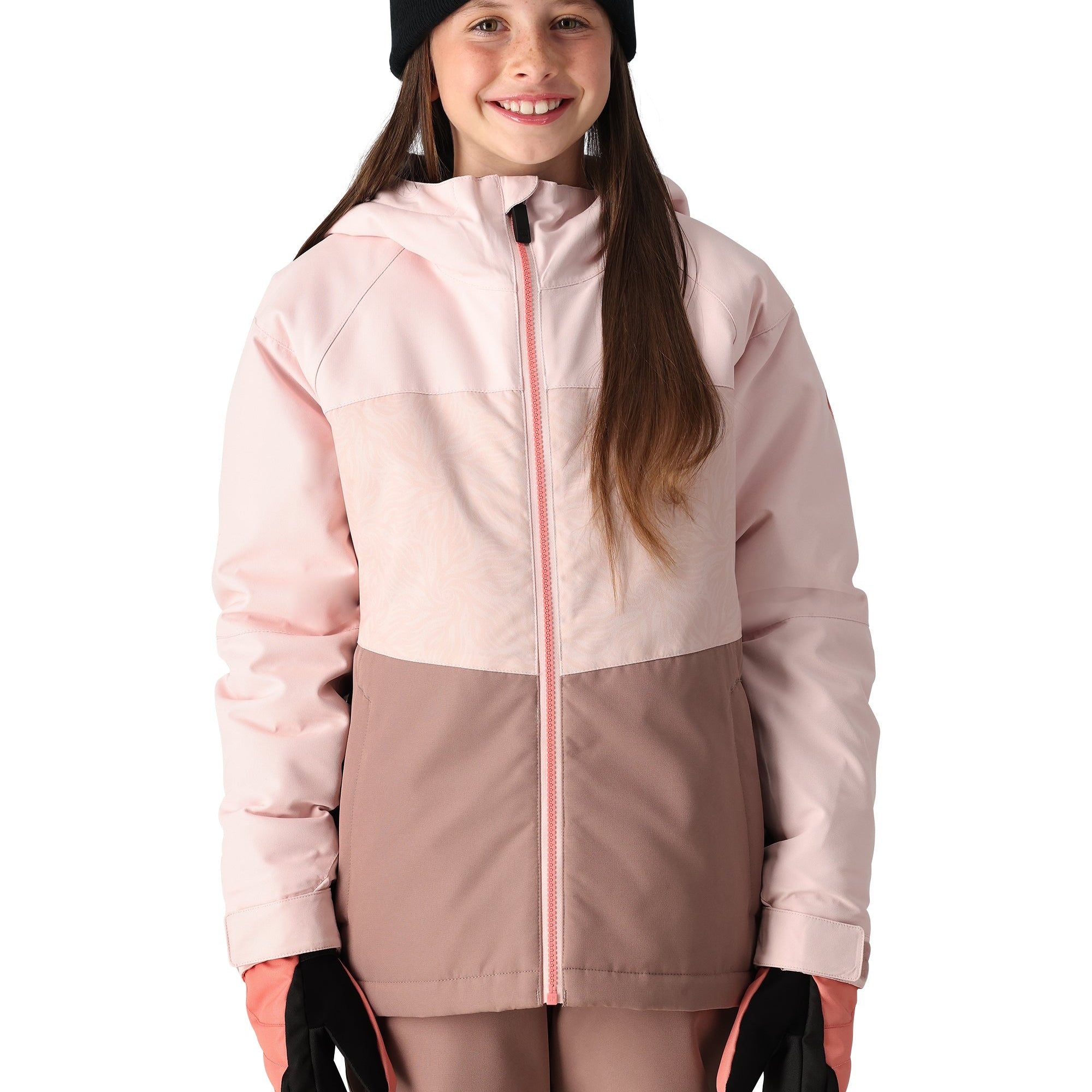 The 686 Girl's Athena Insulated Jacket 2025 is primarily pink and white with a white zipper on the front.