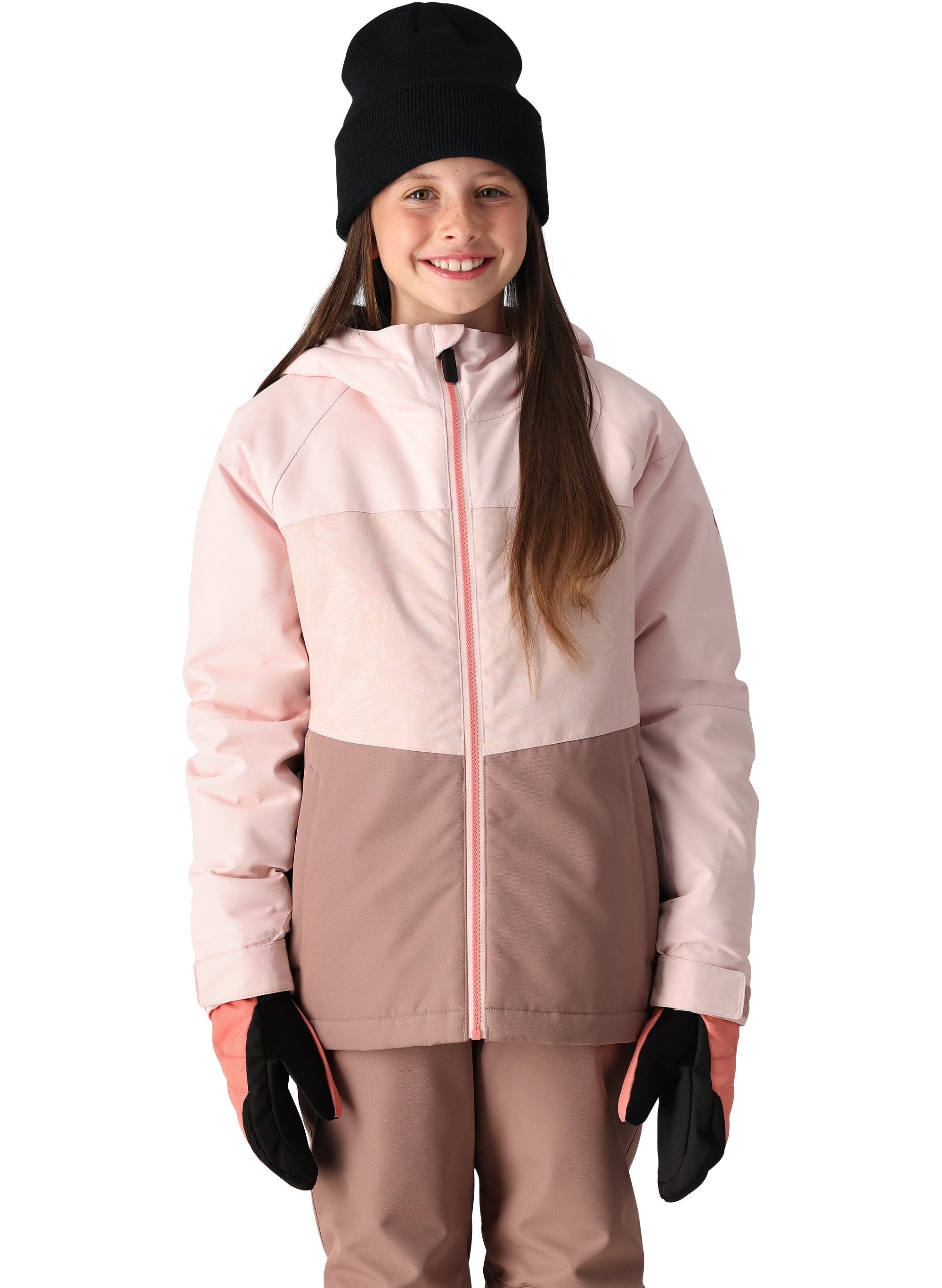 The 686 Girl's Athena Insulated Jacket 2025 is primarily pink and white with a white zipper on the front.