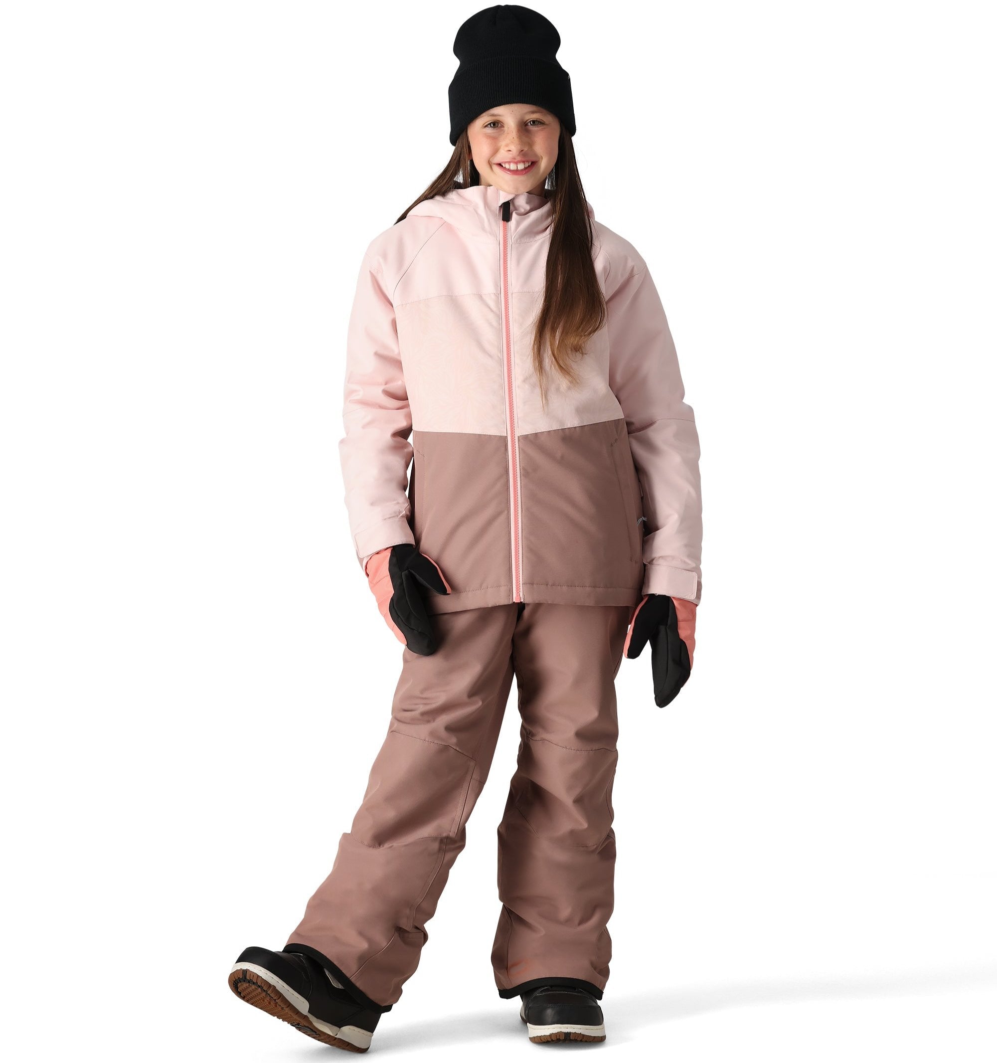 The 686 Girl's Athena Insulated Jacket 2025 is primarily a light pink jacket with darker pink accents at the bottom and on the zipper.