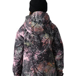 The 686 Girl's Hydra Insulated Jacket 2025 has a black base with a pink and white abstract pattern, featuring an insulated hood.