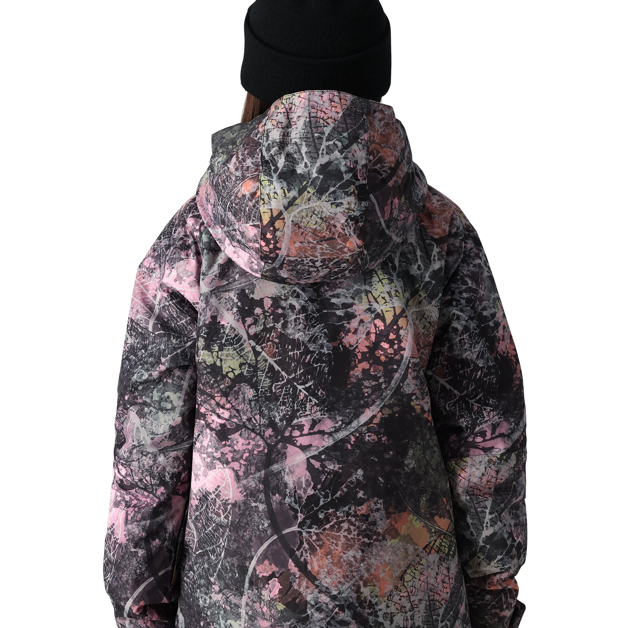 The 686 Girl's Hydra Insulated Jacket 2025 has a black base with a pink and white abstract pattern, featuring an insulated hood.