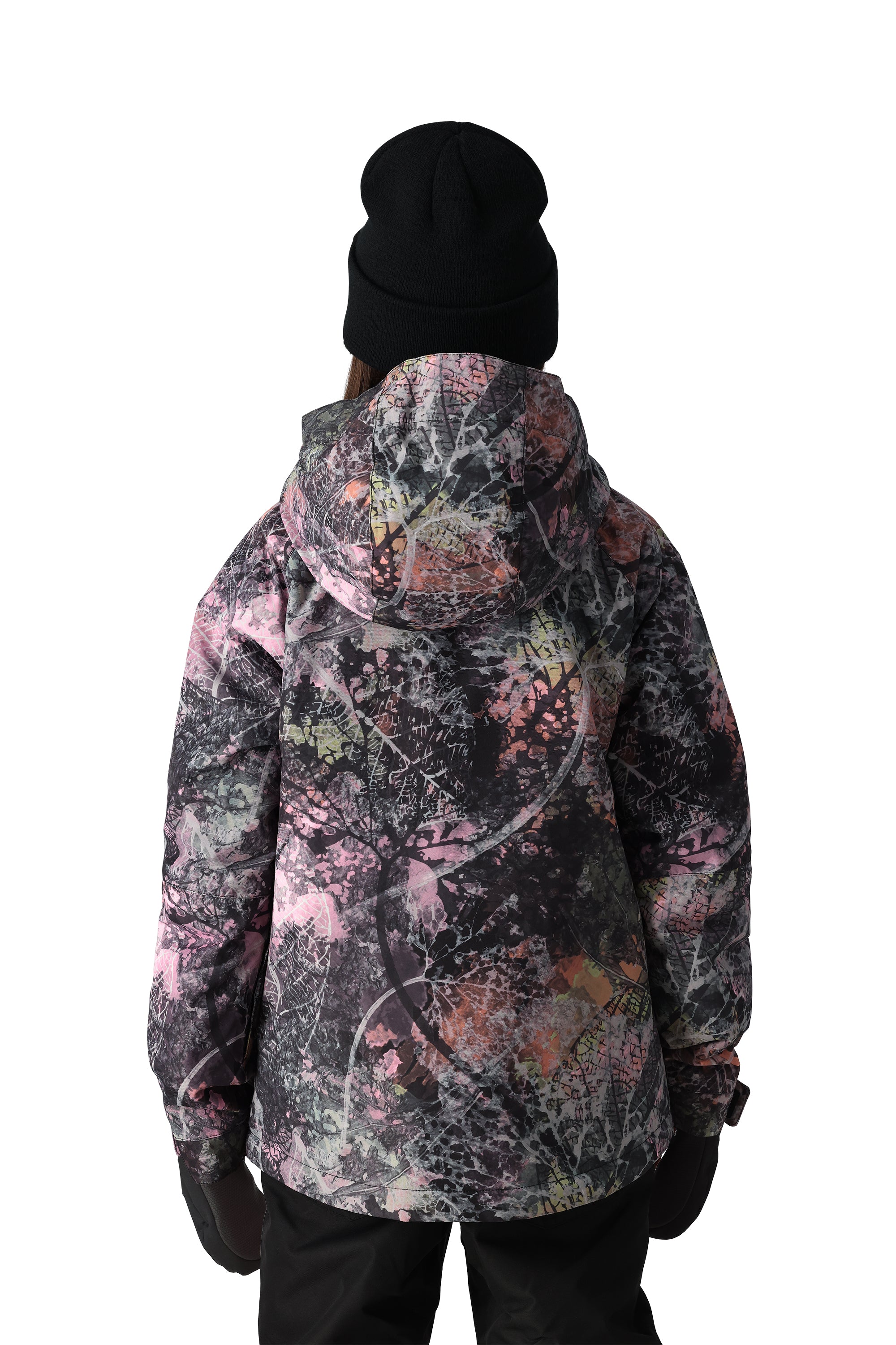 The 686 Girl's Hydra Insulated Jacket 2025 has a black base with a pink and white abstract pattern, featuring an insulated hood.