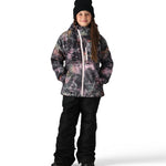 The 686 Girl's Hydra Insulated Jacket 2025 showcases a vibrant black and pink floral pattern on its front view, complemented by a white zipper running down the center.