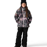 The 686 Girl's Hydra Insulated Jacket 2025 showcases a vibrant black and pink floral pattern on its front view, complemented by a white zipper running down the center.