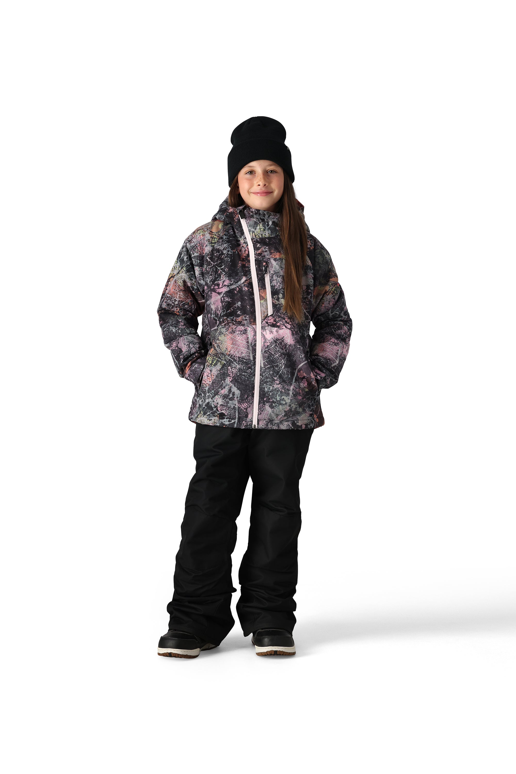 The 686 Girl's Hydra Insulated Jacket 2025 showcases a vibrant black and pink floral pattern on its front view, complemented by a white zipper running down the center.