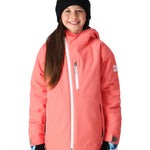 The 686 Girls' Hydra Insulated Jacket in coral pink has a white zipper and a hood.