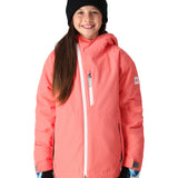 The 686 Girls' Hydra Insulated Jacket in coral pink has a white zipper and a hood.