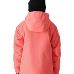 The 686 Girl's Hydra Insulated Jacket 2025 is showcased in this image from the back, with a vibrant coral color and a large hood.