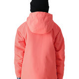 The 686 Girl's Hydra Insulated Jacket 2025 is showcased in this image from the back, with a vibrant coral color and a large hood.
