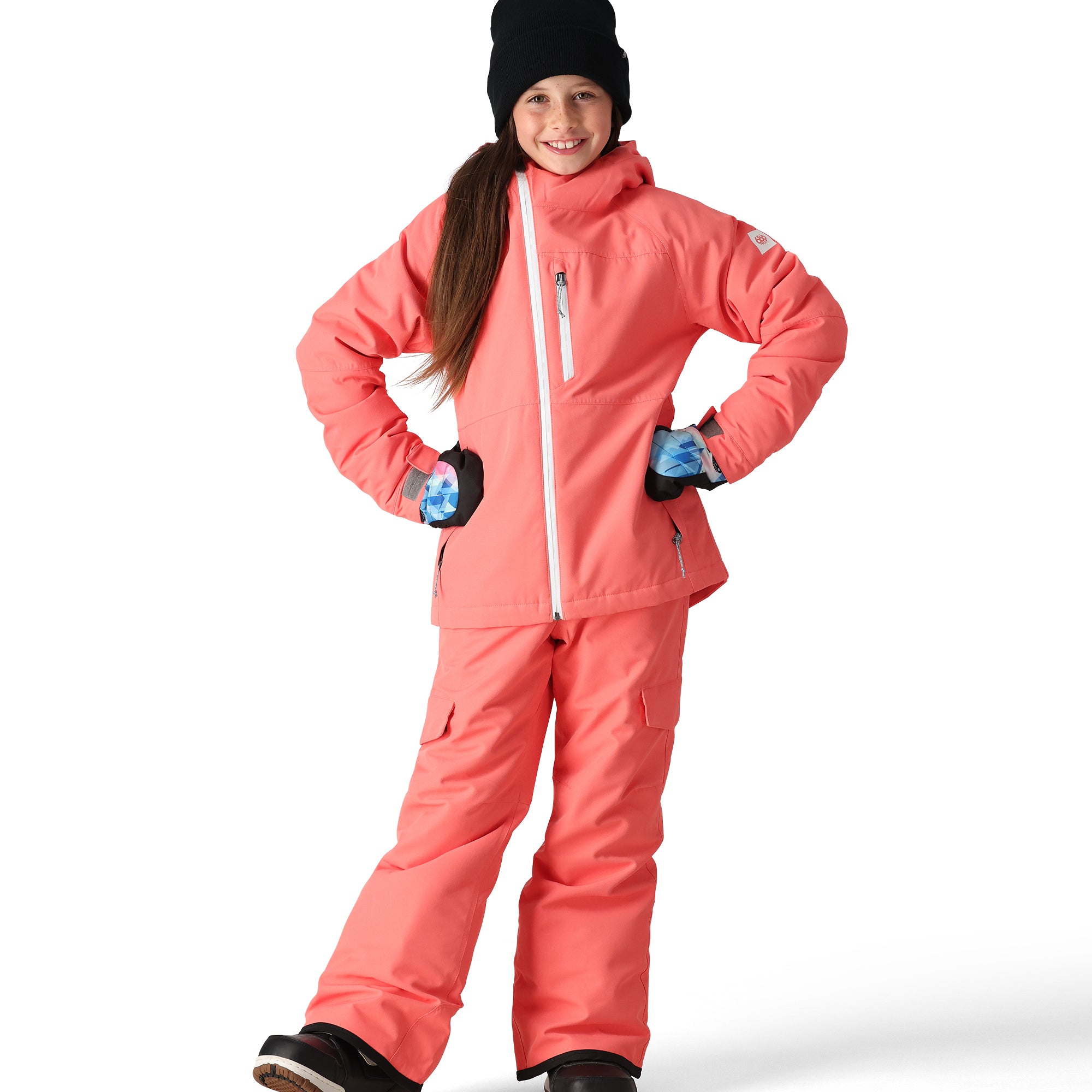 The 686 Girl's Hydra Insulated Jacket 2025 is primarily pink with white accents and a zippered front.