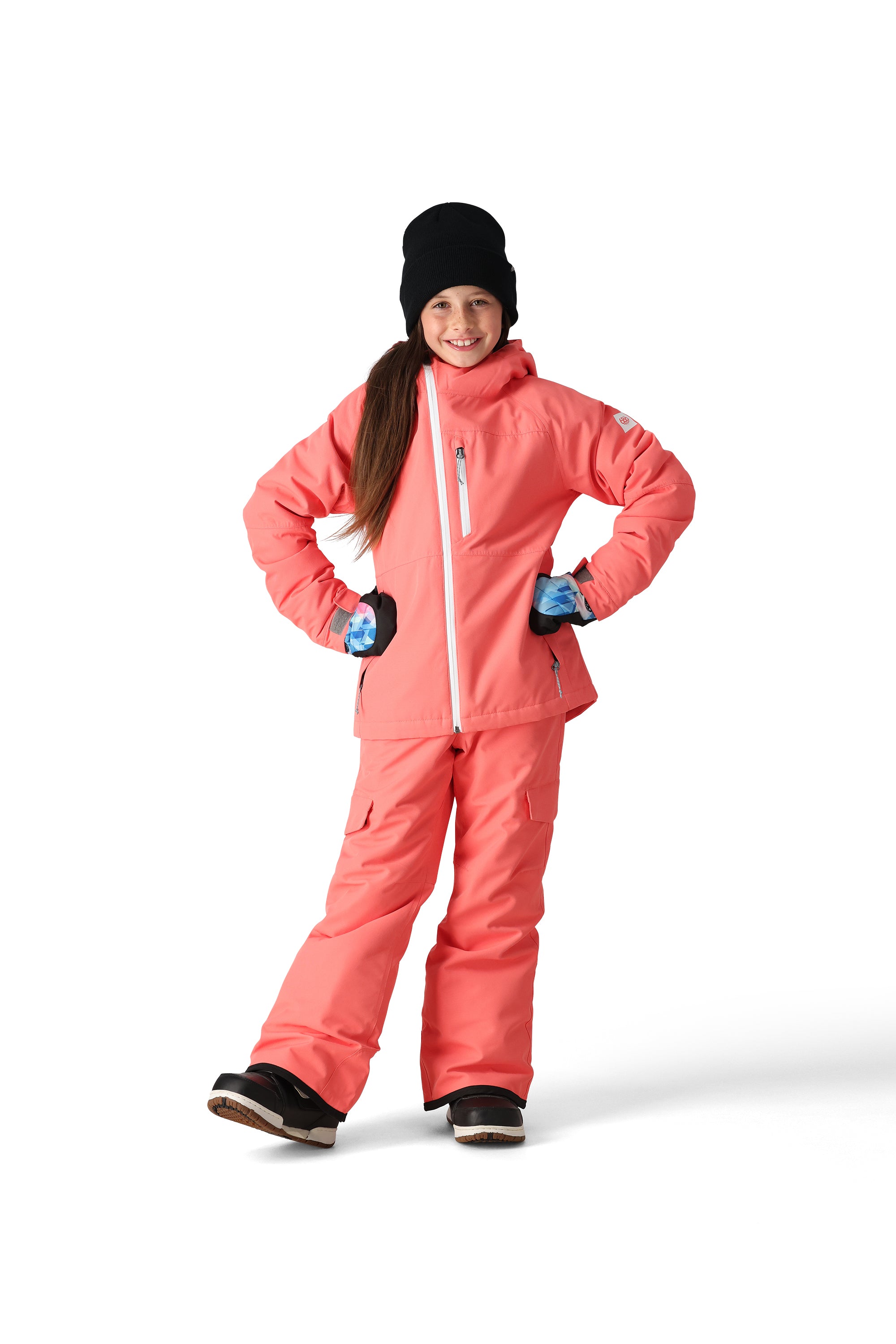 The 686 Girl's Hydra Insulated Jacket 2025 is primarily pink with white accents and a zippered front.