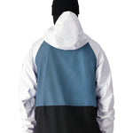 The 686 Gore-Tex Core Shell Jacket 2025 features a predominantly white design with blue and black accents on the back.