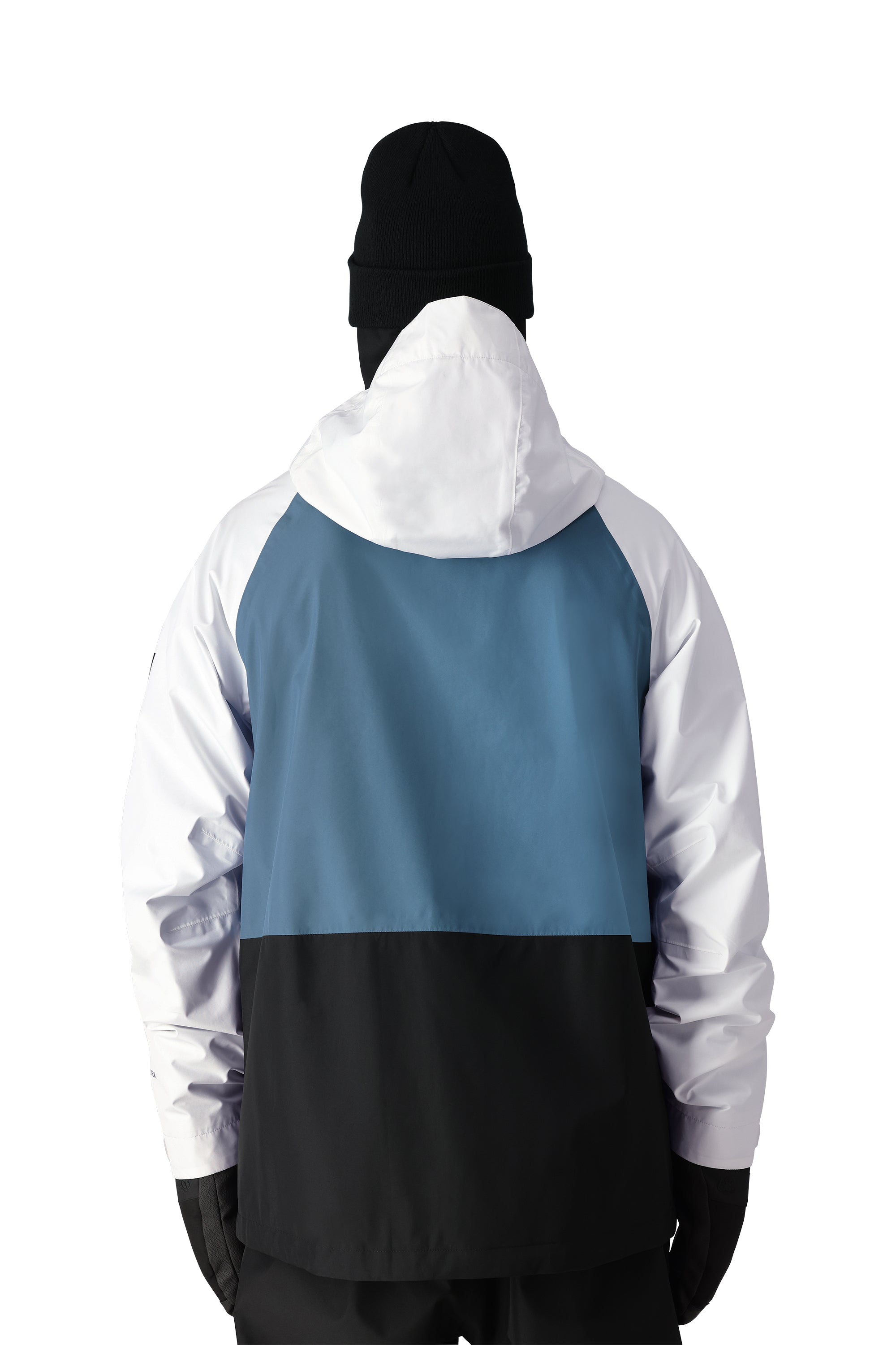 The 686 Gore-Tex Core Shell Jacket 2025 features a predominantly white design with blue and black accents on the back.