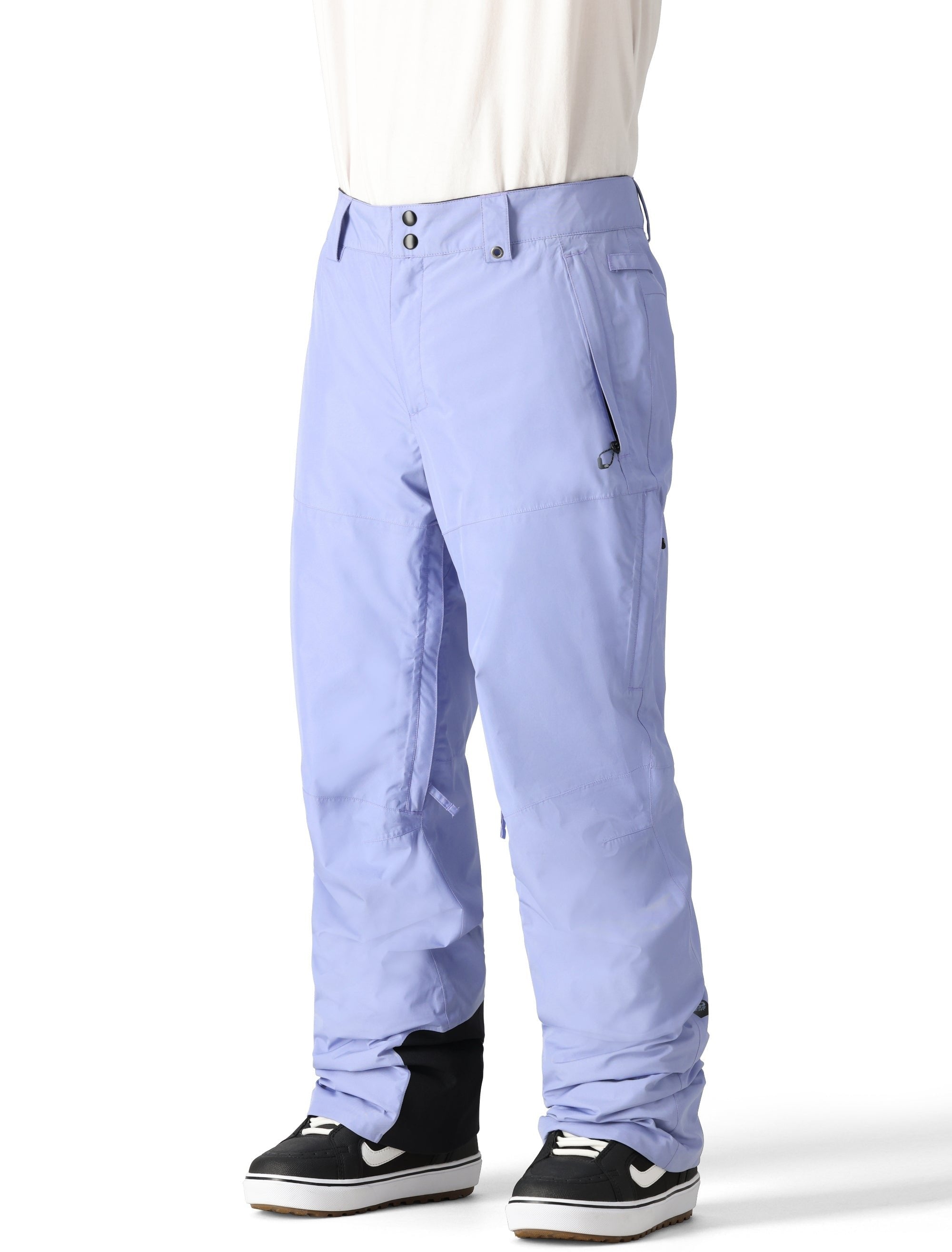 The 686 brand Gore-Tex core shell pant has a light blue color and appears to be in a front view with two zippered pockets on each side.