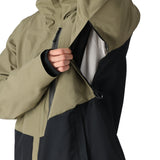 The 686 Gore-Tex GT Shell Jacket has a black and olive green color-block design with an insulated hood.