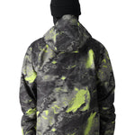 The 686 Gore-Tex Hydra Down Thermagraph jacket in black and green camouflage pattern is shown from a side view with an insulated hood.