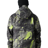 The 686 Gore-Tex Hydra Down Thermagraph jacket in black and green camouflage pattern is shown from a side view with an insulated hood.