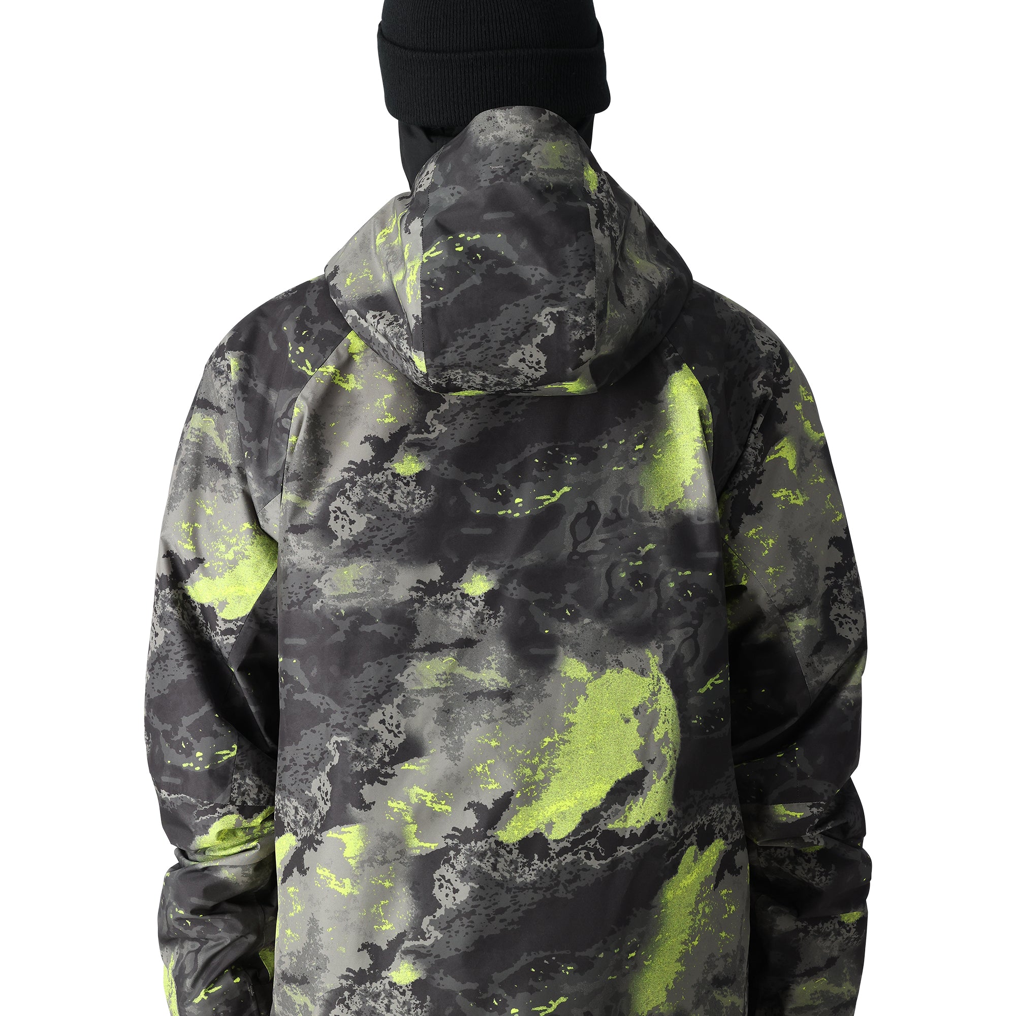 The 686 Gore-Tex Hydra Down Thermagraph jacket in black and green camouflage pattern is shown from a side view with an insulated hood.