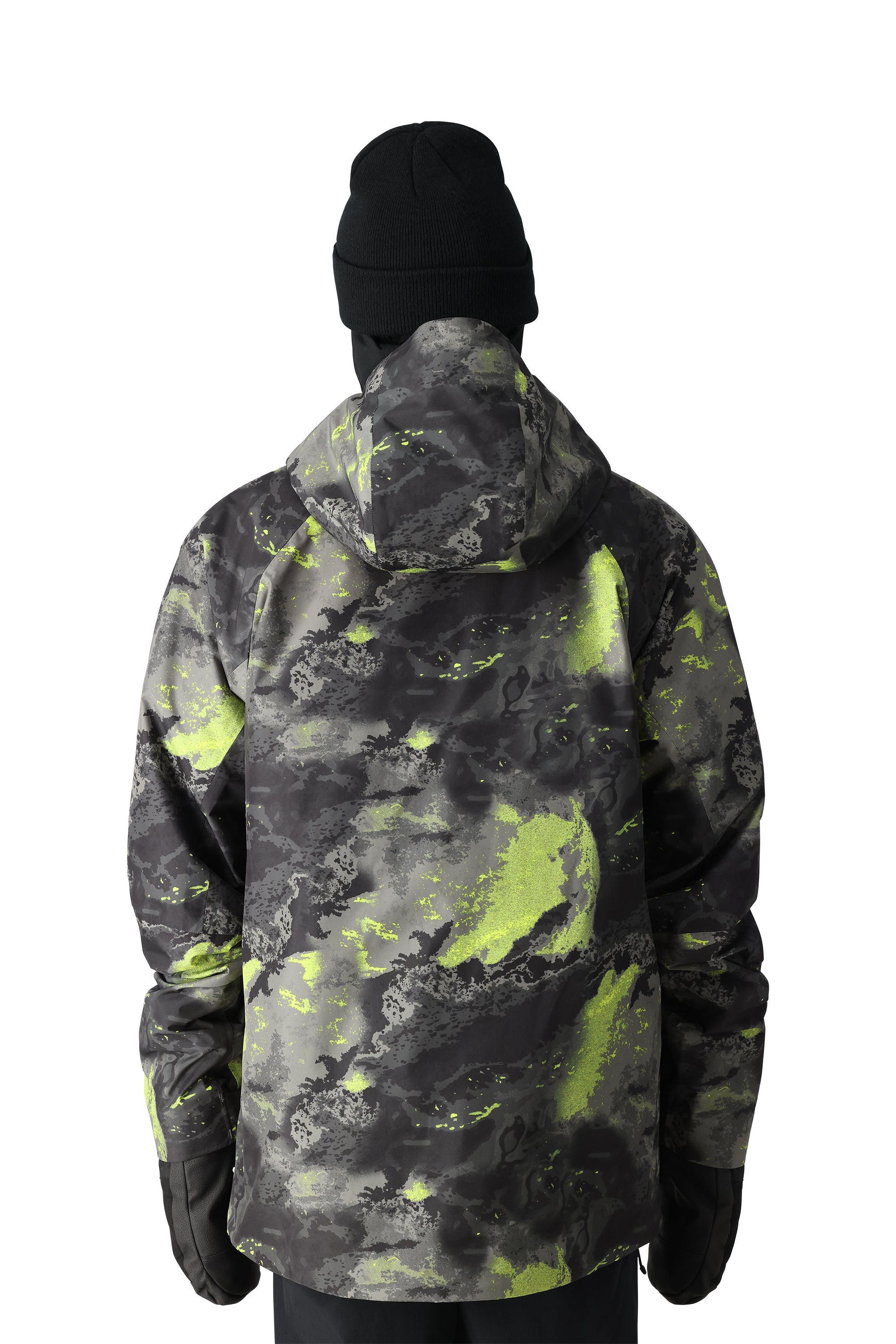 The 686 Gore-Tex Hydra Down Thermagraph jacket in black and green camouflage pattern is shown from a side view with an insulated hood.