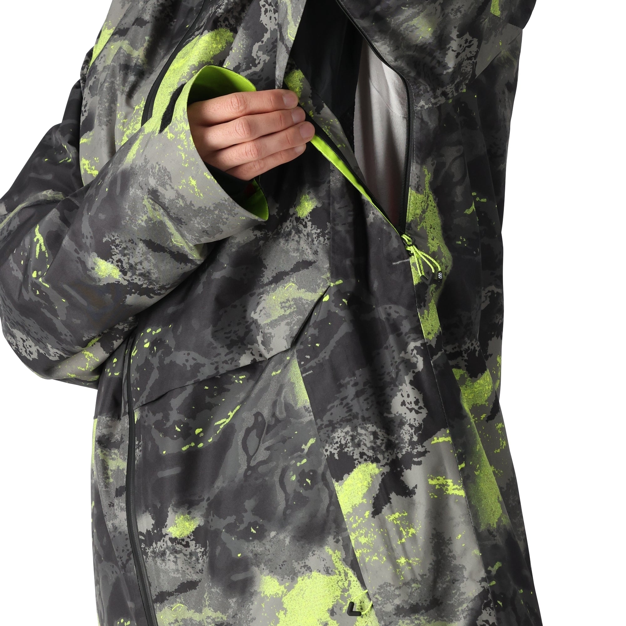 The 686 Gore-Tex Hydra Down Thermagraph Jacket in black and neon yellow has an insulated hood.