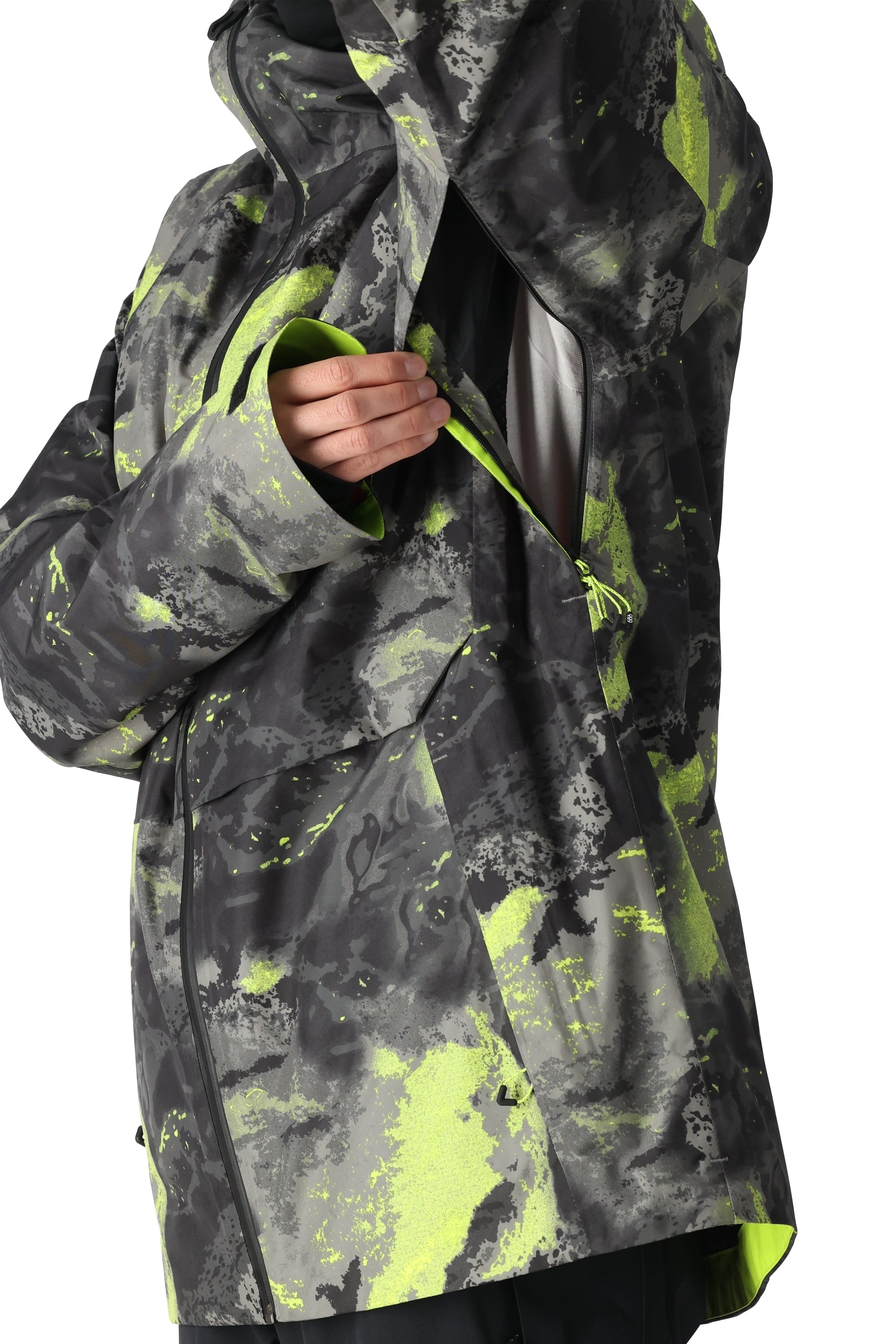 The 686 Gore-Tex Hydra Down Thermagraph Jacket in black and neon yellow has an insulated hood.