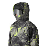 The 686 brand's GORE-TEX Hydra Down Thermagraph Jacket has a black and neon yellow abstract design.