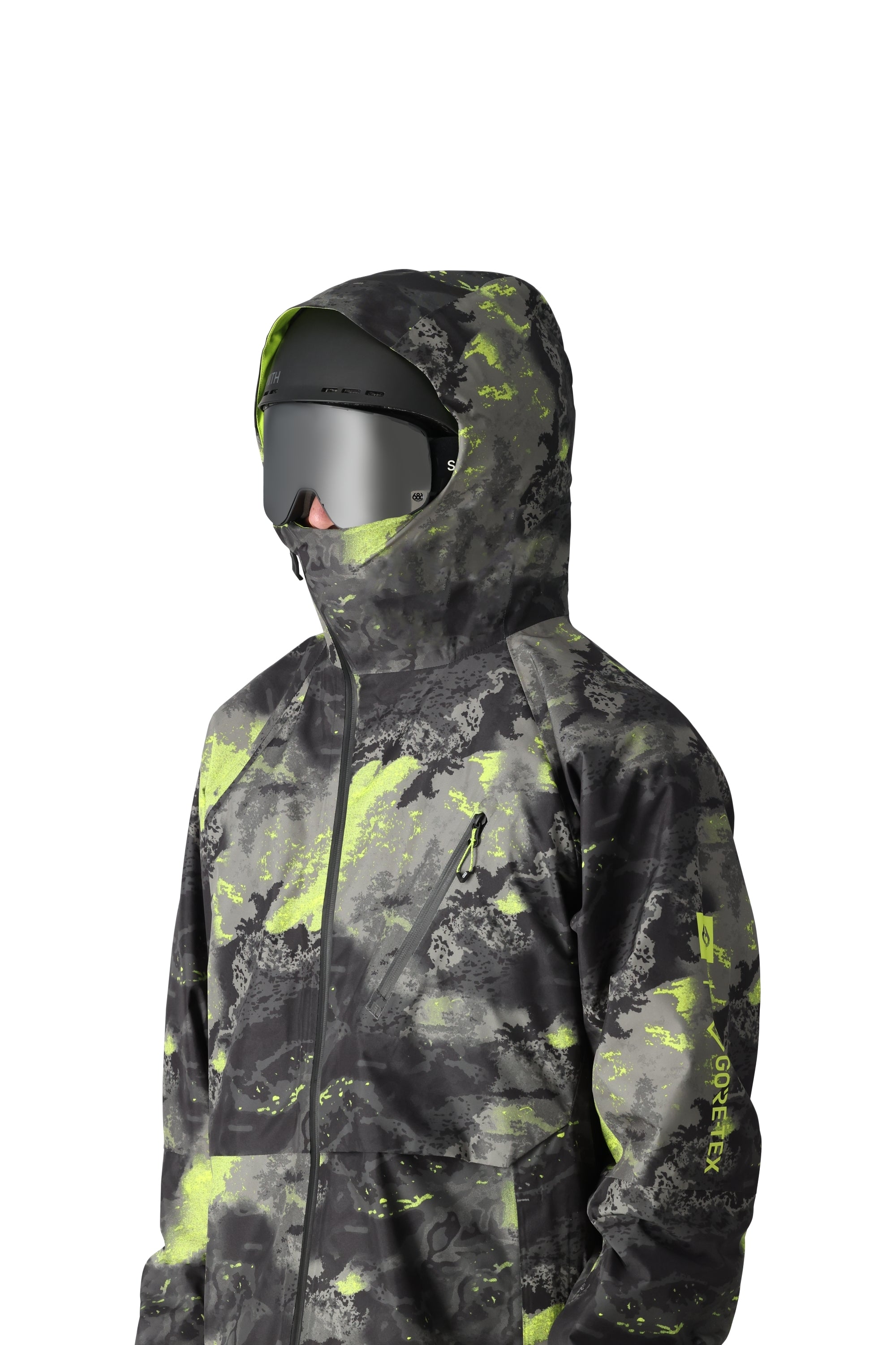 The 686 brand's GORE-TEX Hydra Down Thermagraph Jacket has a black and neon yellow abstract design.