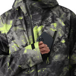The 686 brand's Gore-Tex Hydra Down Thermagraph jacket in black and green camouflage pattern showcases a large collar with an insulated hood.