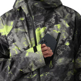 The 686 brand's Gore-Tex Hydra Down Thermagraph jacket in black and green camouflage pattern showcases a large collar with an insulated hood.