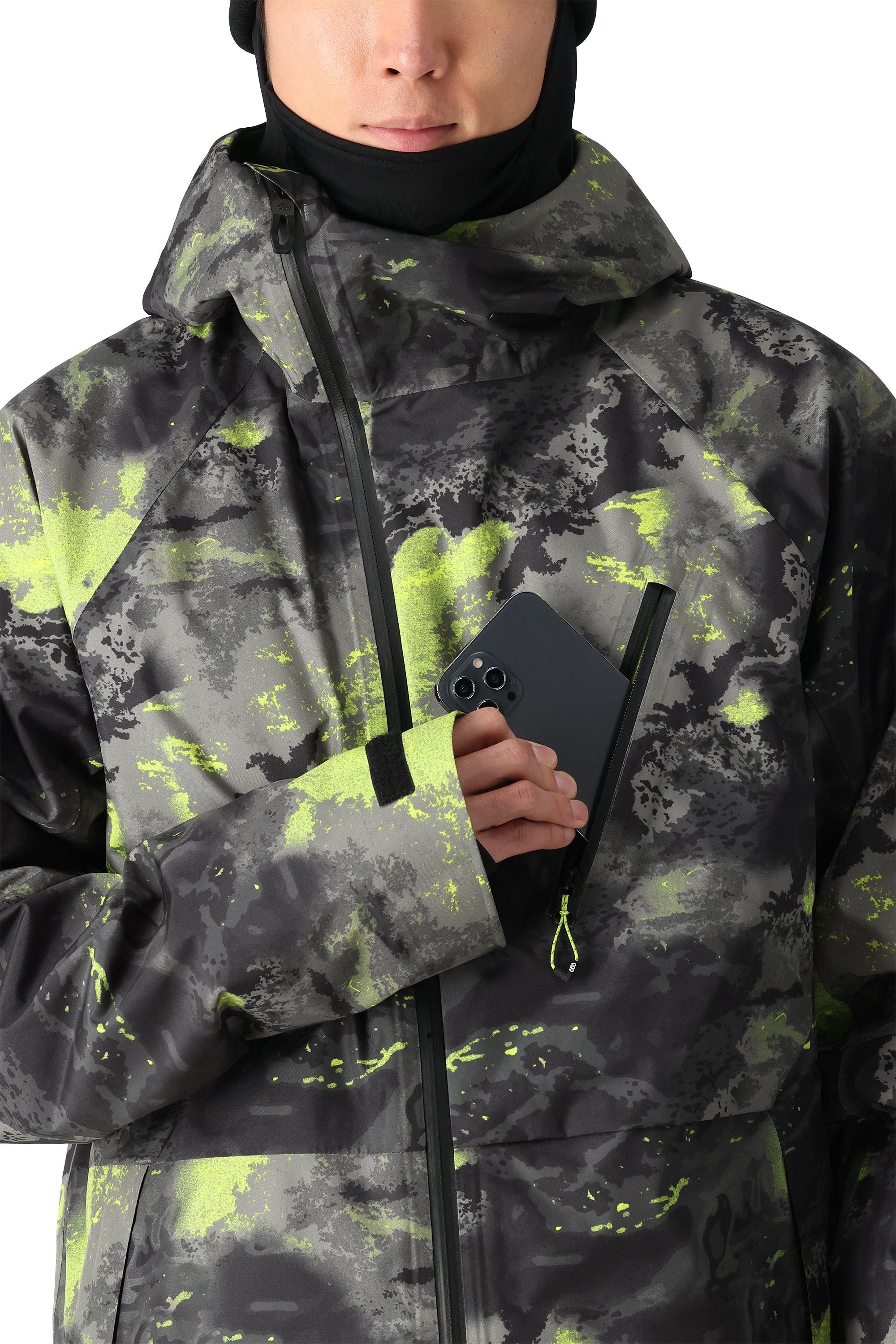 The 686 brand's Gore-Tex Hydra Down Thermagraph jacket in black and green camouflage pattern showcases a large collar with an insulated hood.