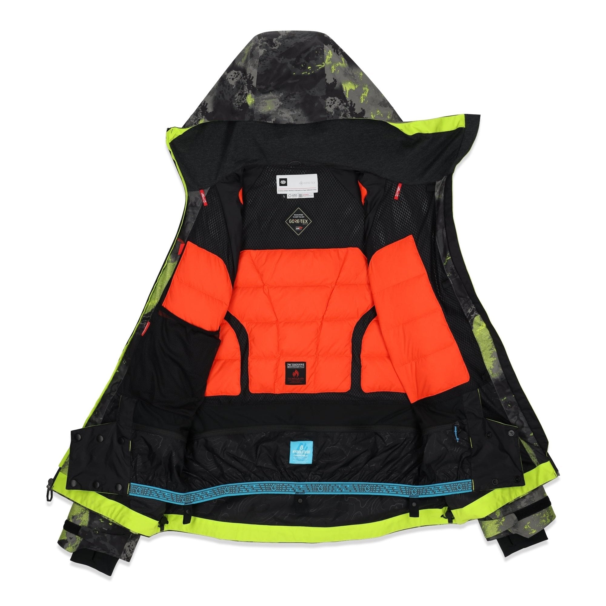 The 686 GORE-TEX Hydra Down Thermagraph Jacket 2025 is black with neon green accents and has an insulated hood.