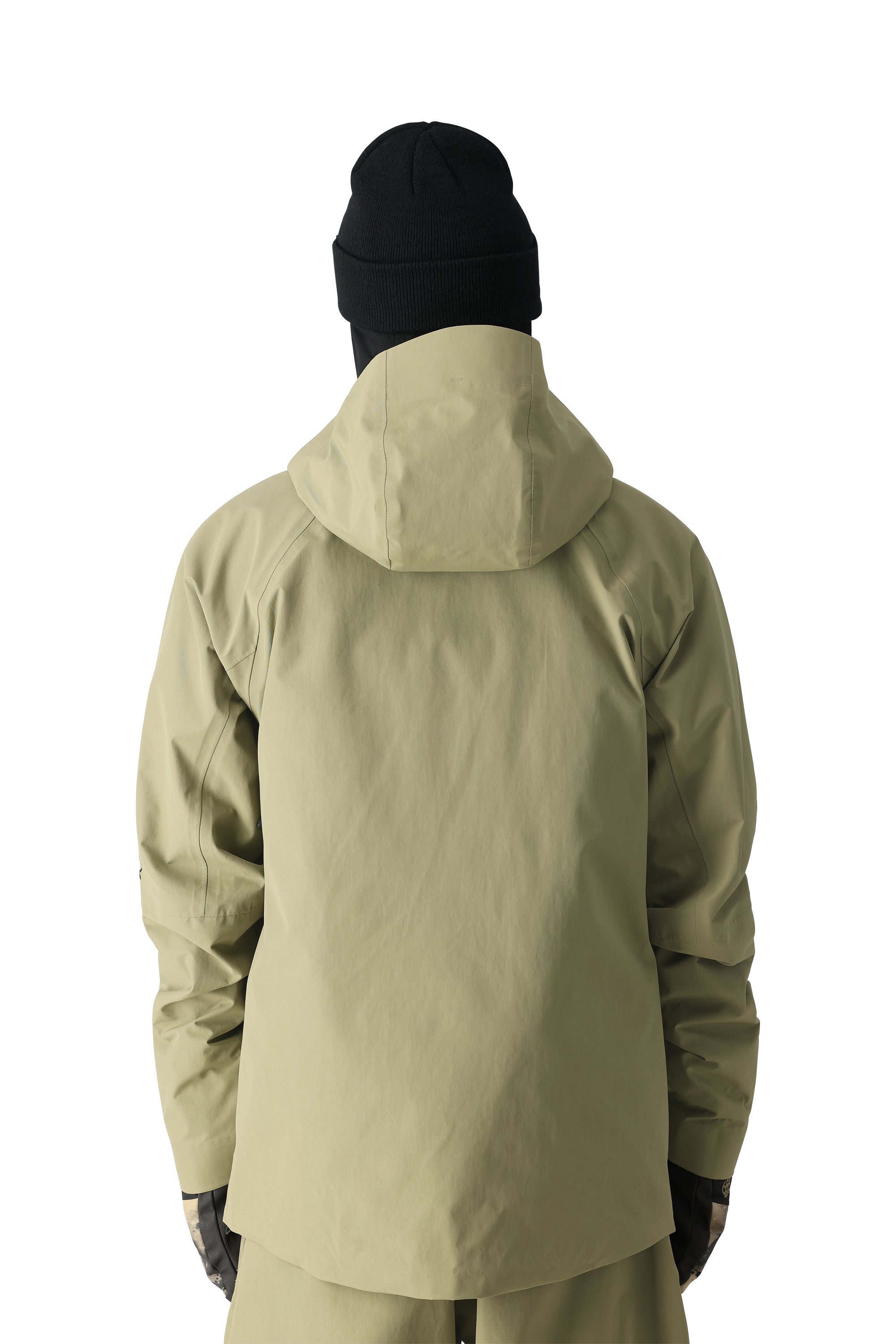 The 686 Gore-Tex Hydra Down Thermagraph jacket is primarily olive green with a high collar and a hood.