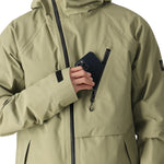 The 686 Gore-Tex Hydra Down Thermagraph jacket in khaki has an insulated hood and black zipper.