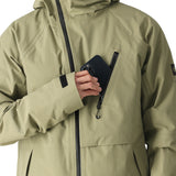 The 686 Gore-Tex Hydra Down Thermagraph jacket in khaki has an insulated hood and black zipper.
