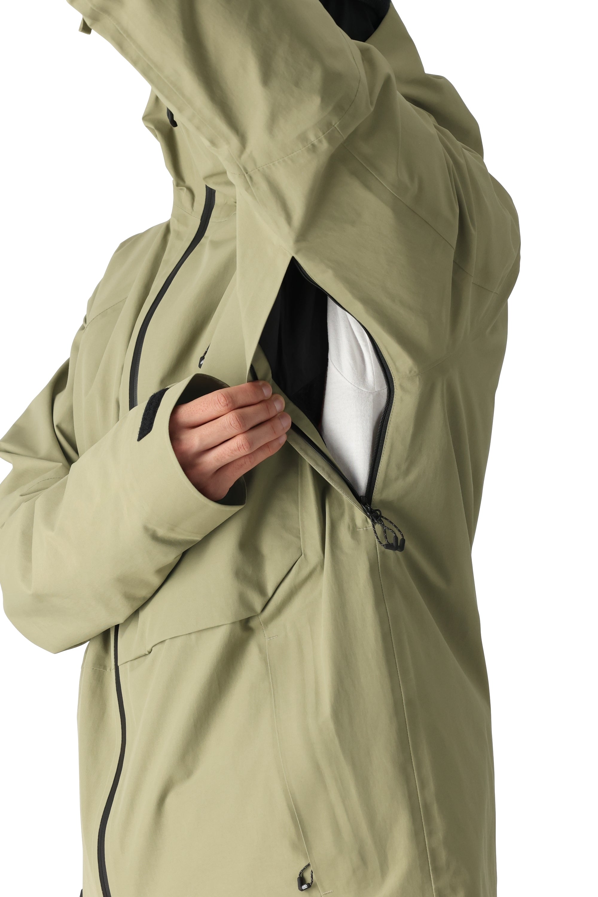 The 686 Gore-Tex Hydra Down Thermagraph jacket in olive green has an insulated hood.