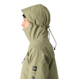 The 686 GORE-TEX Hydra Down Thermagraph Jacket has an olive green color with a hood and black drawstrings on both sides.