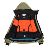 The 686 Gore-Tex Hydra Down Thermagraph jacket is primarily black with orange accents and an insulated hood.