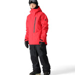 The 686 Men's GORE-TEX Stretch Dispatch Bib features a vibrant red color with black accents and a large zippered pocket on the side view.