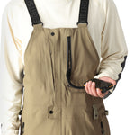The 686 Men's GORE-TEX Stretch Dispatch Bib 2025 features a khaki bib with black suspenders and multiple zippered pockets.