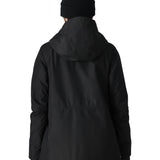The 686 Women's GORE-TEX Willow Insulated Jacket 2025 is black with an insulated hood and a zippered front.