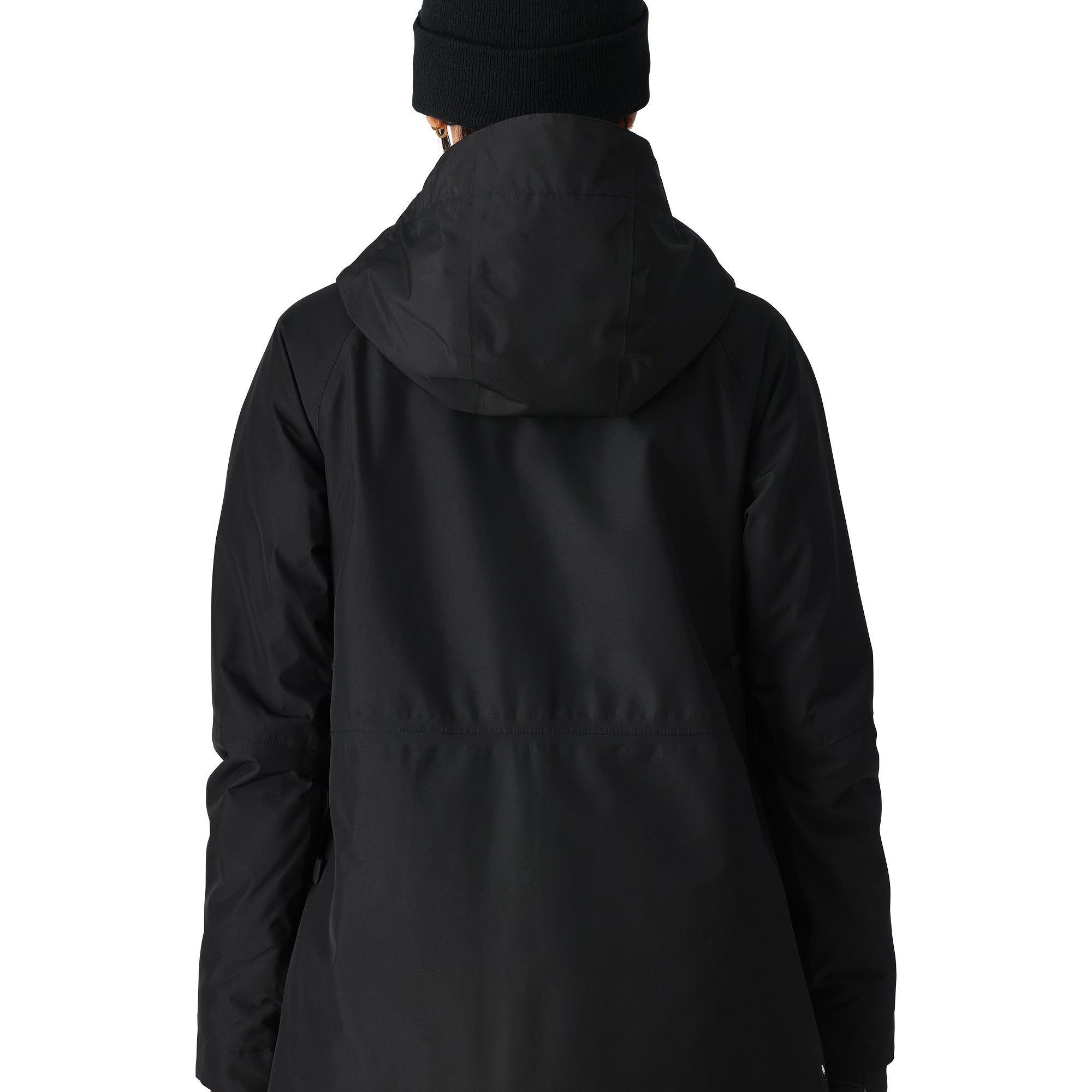 The 686 Women's GORE-TEX Willow Insulated Jacket 2025 is black with an insulated hood and a zippered front.