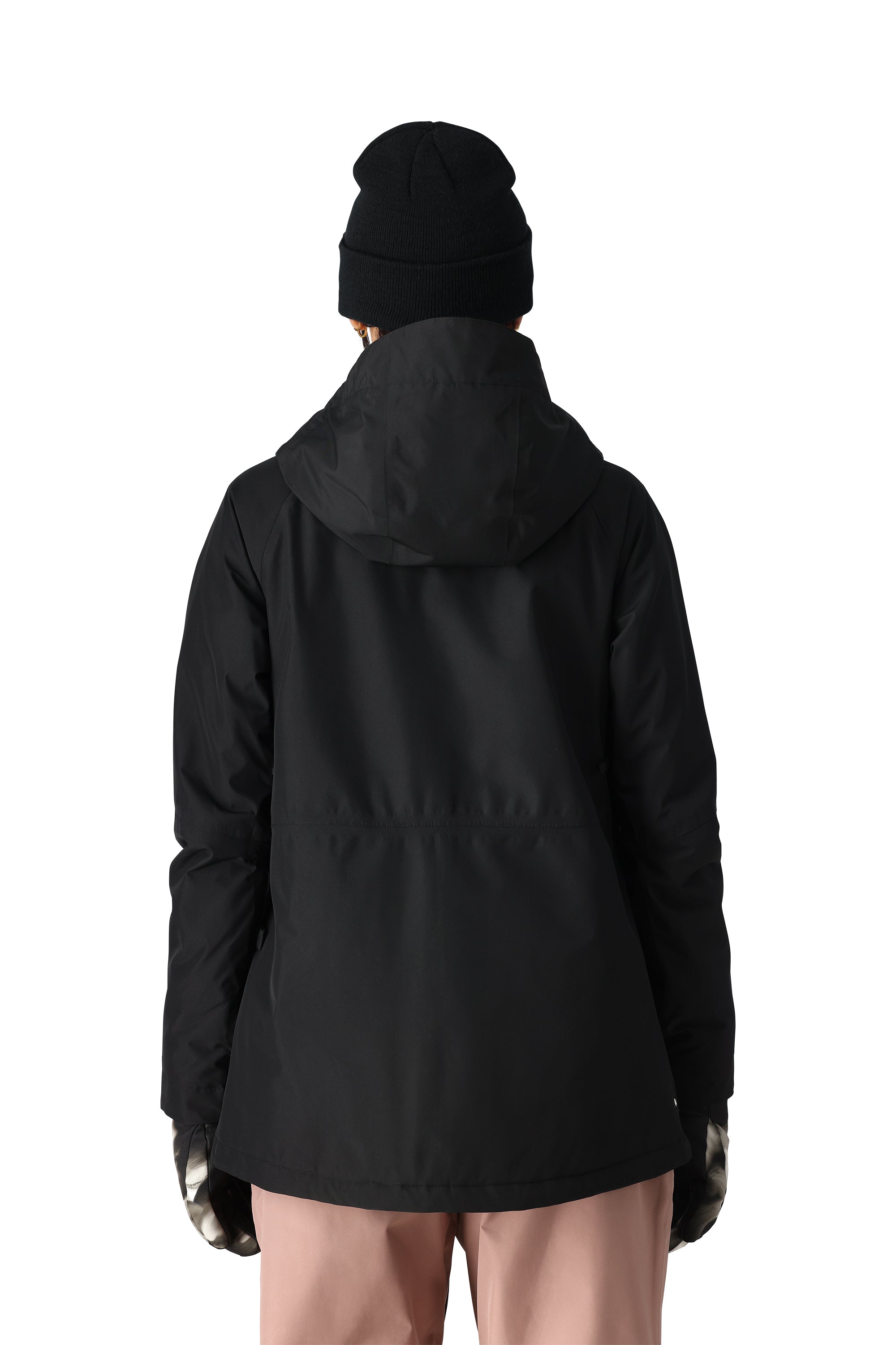 The 686 Women's GORE-TEX Willow Insulated Jacket 2025 is black with an insulated hood and a zippered front.