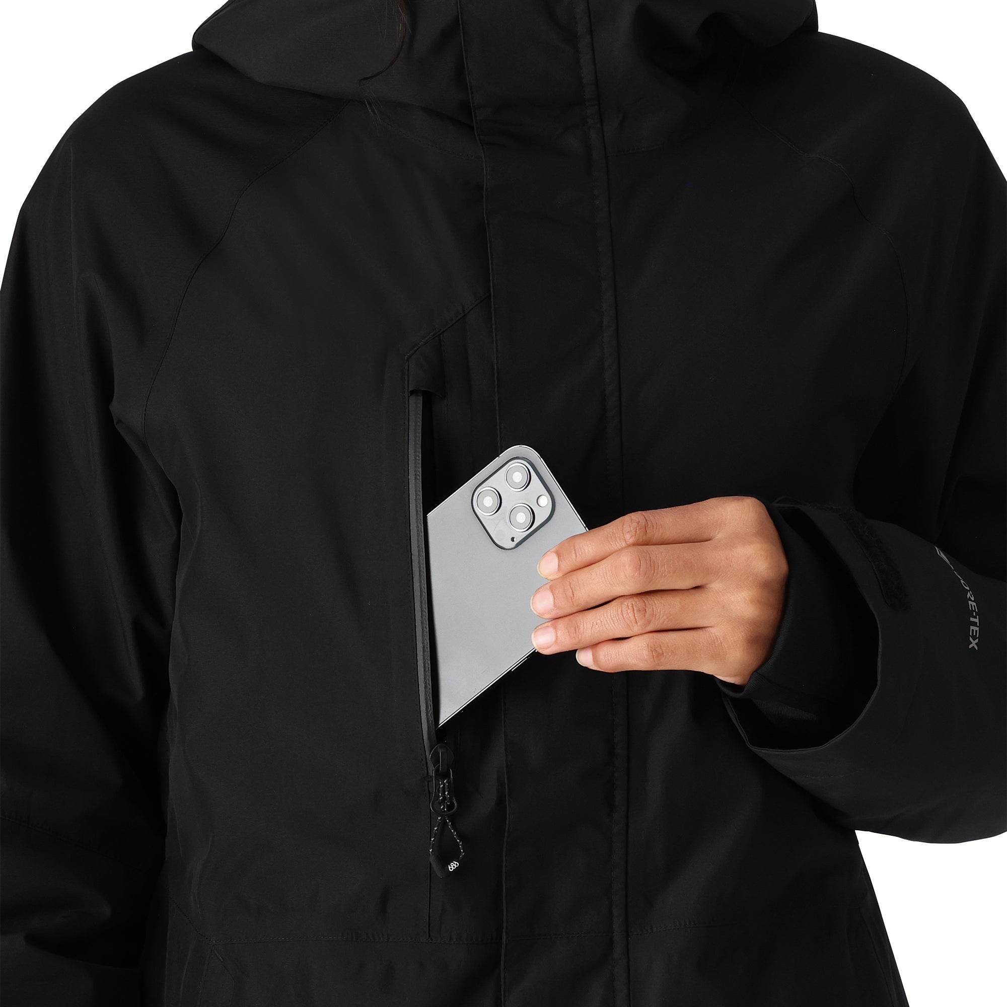 The 686 Women's GORE-TEX Willow Insulated Jacket 2025 is black with an insulated hood and a front zipper.