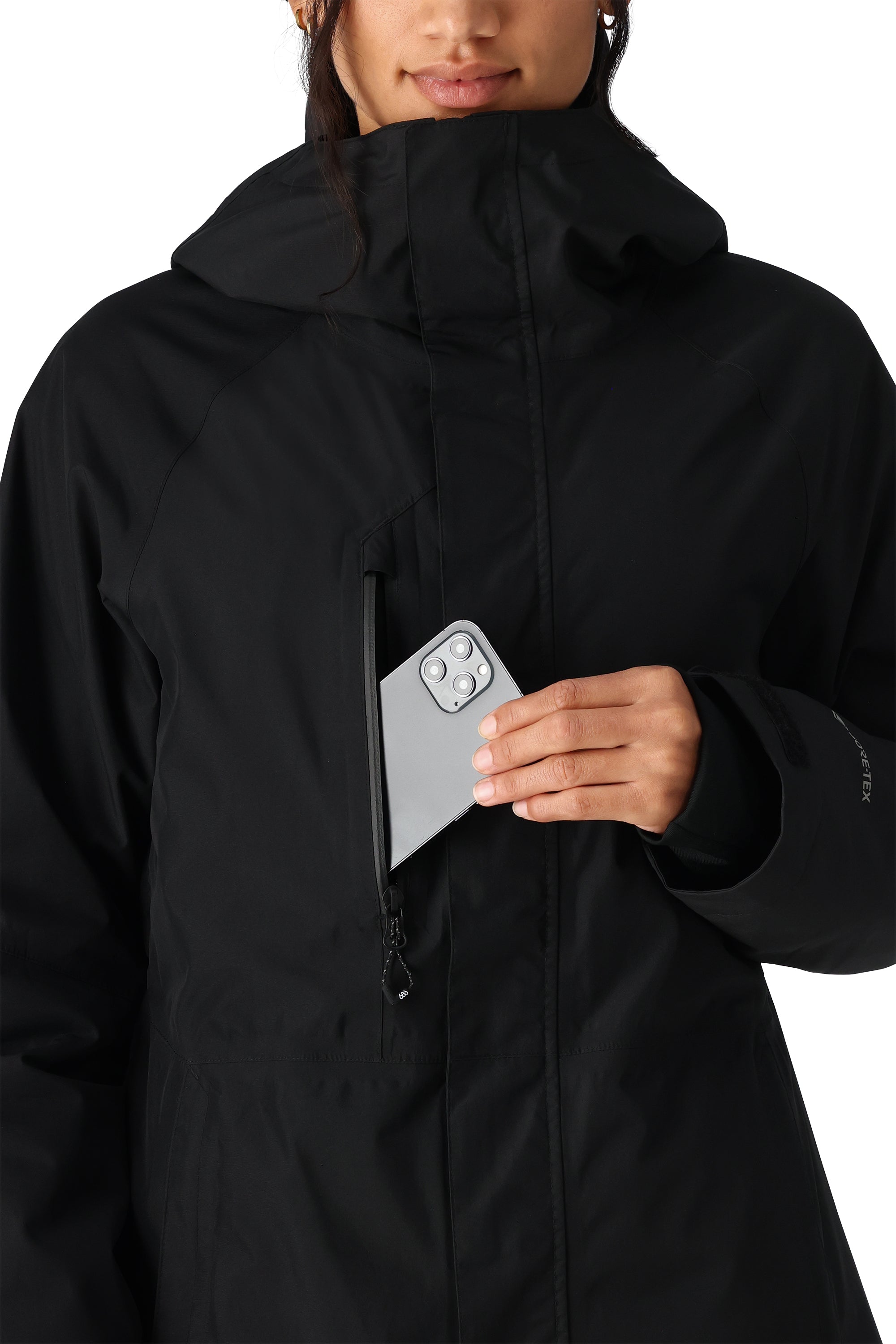 The 686 Women's GORE-TEX Willow Insulated Jacket 2025 is black with an insulated hood and a front zipper.